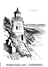 Sea landscape with a lighthouse. Sea hand drawn sketch illustration. Poster for a children's room. Beacon on a rock in the sea.Owls Head Light in Portland.