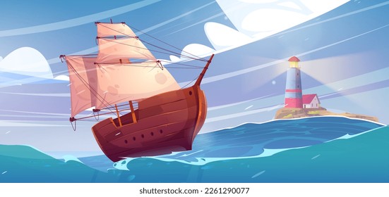 Paisaje marino con faro en la isla y barco con vela blanca. Caricatura de fondo vectorial con casa en la costa rocosa en el océano, caravana de madera. Construcción de balizas en la costa del puerto durante el tiempo tormentoso