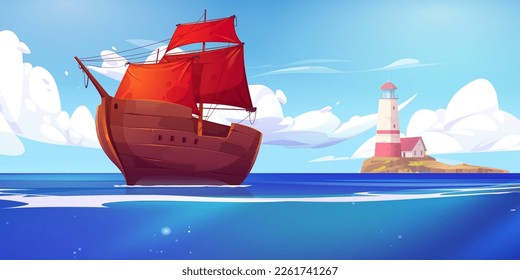 Sea landscape with lighthouse on island and ship with red sail. Cartoon vector background with house on rocky coast in ocean, wooden caravel. Beacon building on harbor seascape during calm weather