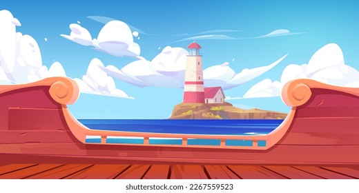 Meereslandschaft mit Leuchtturm auf der Insel, Blick auf das Schiffsdeck. Cartoon, Vektorhintergrund, Illustration mit Haus auf Felsküste im ruhigen Ozean. Leuchtturm und Gebäude auf dem Hafen. Schöne Jahreszeit bei schönem Wetter