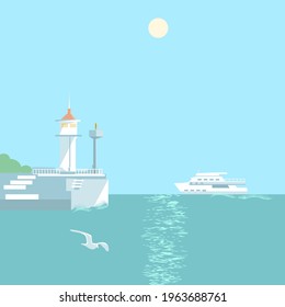A sea landscape with a lighthouse, a sea surface, a motor ship on the horizon.