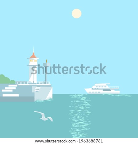 A sea landscape with a lighthouse, a sea surface, a motor ship on the horizon.