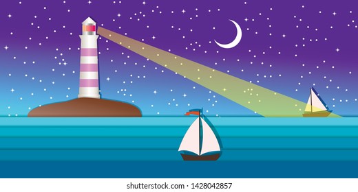 Sea landscape with lighting lighthouse. Dark sky moon and stars. Sailing ships regatta. Navigational and travel concept.