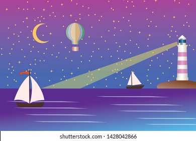 Sea landscape with lighting lighthouse. Dark sky moon and stars. Sailing ships regatta. Navigational and travel concept.
