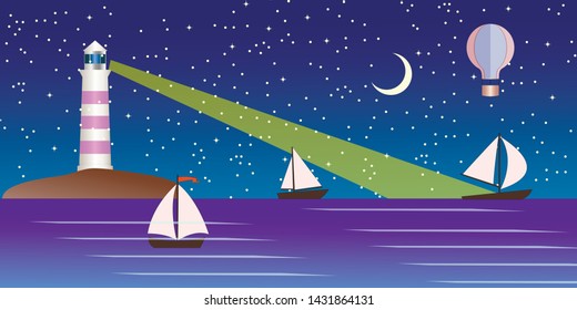 Sea landscape with lighting lighthouse. Dark sky moon and stars. Sailing ships regatta. Navigational and travel concept.