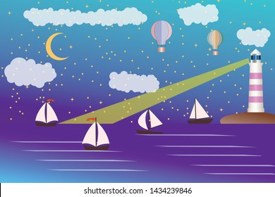 Sea landscape with lighting lighthouse. Dark sky moon and stars. Sailing ships regatta. Navigational and travel concept.