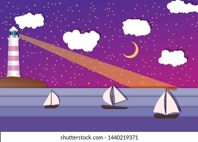 Sea landscape with lighting lighthouse. Dark sky moon and stars. Sailing ships regatta. Navigational and travel concept.