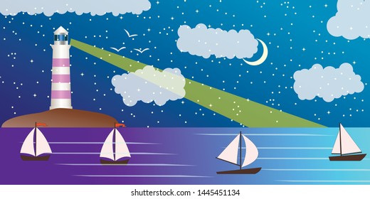 Sea landscape with lighting lighthouse. Dark sky moon and stars. Sailing ships regatta. Navigational and travel concept.