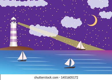 Sea landscape with lighting lighthouse. Dark sky moon and stars. Sailing ships regatta. Navigational and travel concept.