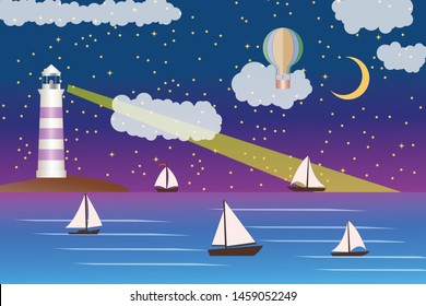 Sea landscape with lighting lighthouse. Dark sky moon and stars. Sailing ships regatta. Navigational and travel concept.