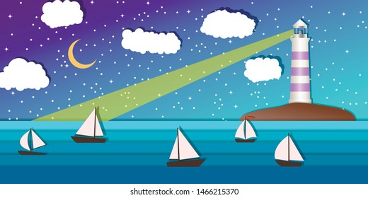 Sea landscape with lighting lighthouse. Dark sky moon and stars. Sailing ships regatta. Navigational and travel concept