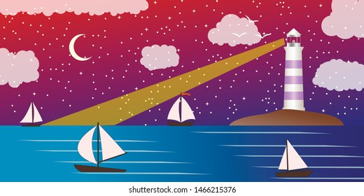 Sea landscape with lighting lighthouse. Dark sky moon and stars. Sailing ships regatta. Navigational and travel concept