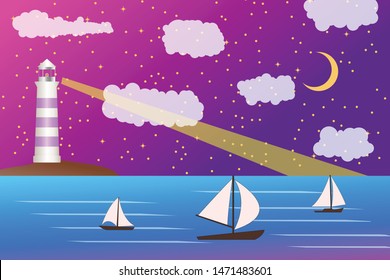 Sea landscape with lighting lighthouse. Dark sky moon and stars. Sailing ships regatta. Navigational and travel concept.