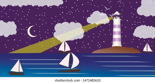 Sea landscape with lighting lighthouse. Dark sky moon and stars. Sailing ships regatta. Navigational and travel concept.