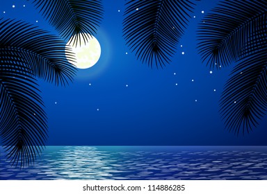 Sea landscape with the moon and palm trees. Vector illustration.
