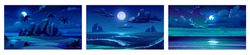 Sea Landscape With Moon, Stars And Clouds In Dark Sky At Night. Vector Cartoon Backgrounds Of Seascape With Tropical Island With Palm Trees, Sand Beach, Ocean Waves And Coastline On Horizon