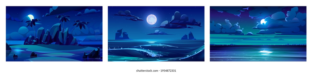 Sea landscape with moon, stars and clouds in dark sky at night. Vector cartoon backgrounds of seascape with tropical island with palm trees, sand beach, ocean waves and coastline on horizon