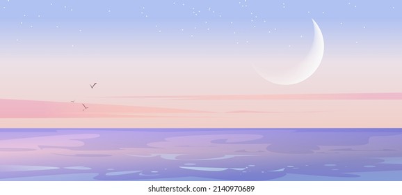 Sea landscape with moon and stars in sky in early morning. Vector cartoon illustration of peaceful nature scene with seascape, ocean lagoon or lake after sunset