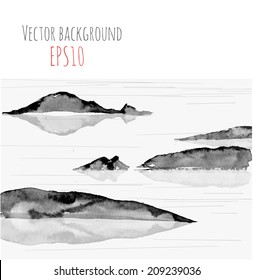 Sea landscape with mountains, hand-drawn with ink in traditional Japanese style sumi-e. Vector illustration.