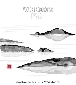 Sea landscape with mountains, hand-drawn with ink in traditional Japanese style sumi-e. Vector illustration. 