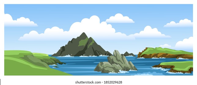 Paisaje marino con montañas, rocas, acantilados, piedras y cielo azul con nubes. Un paisaje panorámico colorido. Vista panorámica del océano. Ilustración vectorial plana.