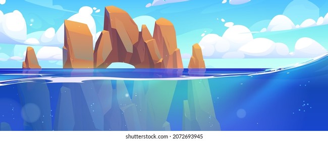Sea landscape with mountains in water. Vector cartoon illustration of deep lake background with stones and rocks underwater. Seascape or tropical ocean background with rocky arch