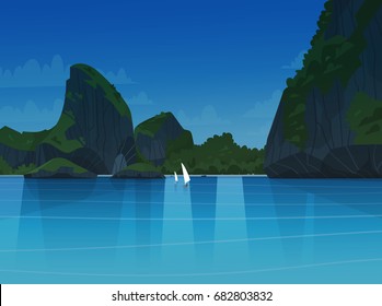 Sea Landscape Night Beautiful Asian Beach With Mountain Coast Seaside View Summer Seascape Flat Vector Illustration