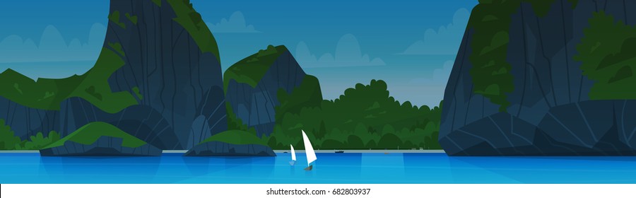 Seenlandschaft Nacht Schöner asiatischer Strand mit Bergküste Blick auf die Sommersaison Flachbild-Vektorgrafik