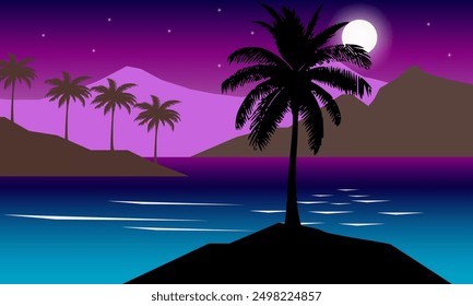 Sea landscape at night with mountains and palm trees illuminated by the moon and stars