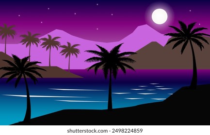Sea landscape at night with mountains and palm trees illuminated by the moon and stars