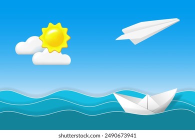 Sea landscape with paper plane in the sky and paper ship in sea waves. Vector illustration. Travel concept