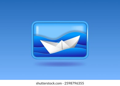 Sea landscape with paper ship in ocean waves on mobile phone screen. Paper cutout style vector illustration