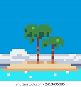 Sea landscape pixel art style. Greeting card. Vacation Holiday Tropical Ocean Island With Palm Tree. 8-bit. Abstract vector illustration.