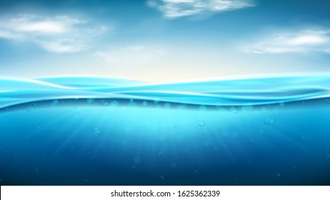 Sea landscape with realistic waves. Vector illustration. Realistic marine scene with underwater sunbeams. Banner with horizontal ocean water surface and clouds.
