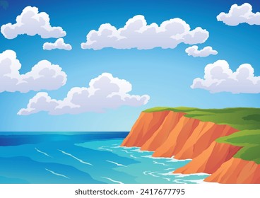 Sea landscape. Rocky coast under cloudy sky. Ocean beach and cliff. Vector colored flat cartoon illustration of seascape