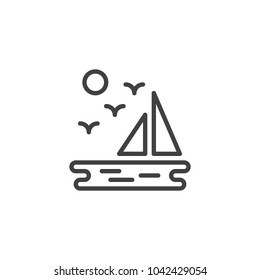 Sea landscape with sailboat flying birds and sun outline icon. linear style sign for mobile concept and web design. Vacation simple line vector icon. Symbol, logo illustration. 