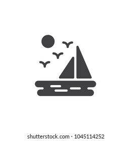 Sea landscape with sailboat flying birds and sun vector icon. filled flat sign for mobile concept and web design. Vacation simple solid icon. Symbol, logo illustration. Pixel perfect vector graphics