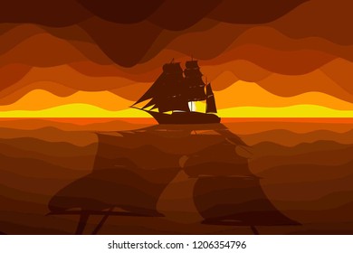 Sea Landscape. Sailboat on the Background of the Sunset. Poster in a Flat Style. Vector Illustration
