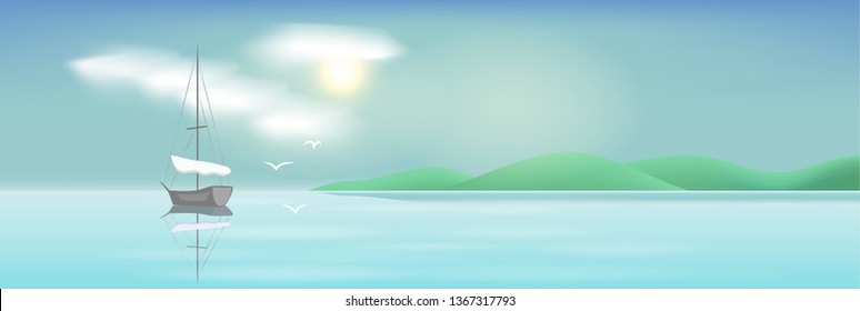 Sea landscape with sailing ship, seagulls, hills and clouds. Vector background.