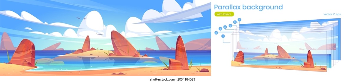 Sea landscape with sand beach and small island with stones in water. Vector parallax background with layers for 2d animation with cartoon seascape with sandy shore, rocks and clouds in sky