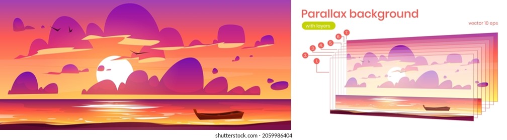 Sea landscape with sand beach and wooden boat at sunset. Vector parallax background for 2d animation with cartoon illustration of ocean with sand shore, boat on water, sun, clouds and birds