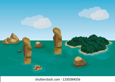 Sea landscape scene background to use in game or cartoon asset. Ocean, islands, rocks and green forests. Vector illustration