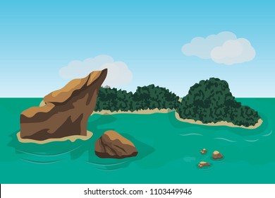 Sea landscape scene background to use in game or cartoon asset. Ocean, islands, rocks and green forests. Vector illustration