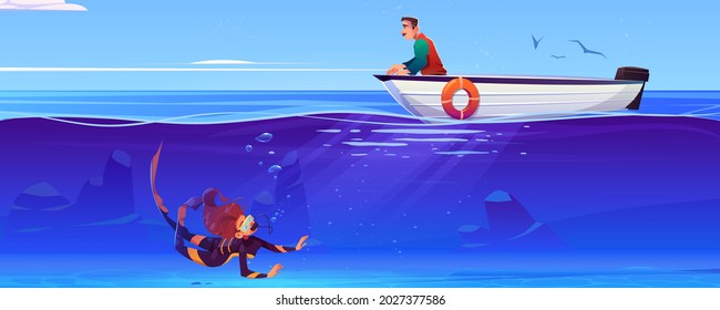 Sea Landscape With Scuba Diver And Man In Boat