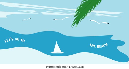Sea landscape, seagulls, sailboat abstract blue background - vector. Tourist banner. Travel.