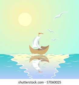 Sea landscape, ship with sail, the sun, seagulls.