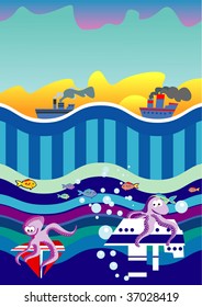 The sea landscape with the ships a sailing vessel and octopuses which is heated  by the ships