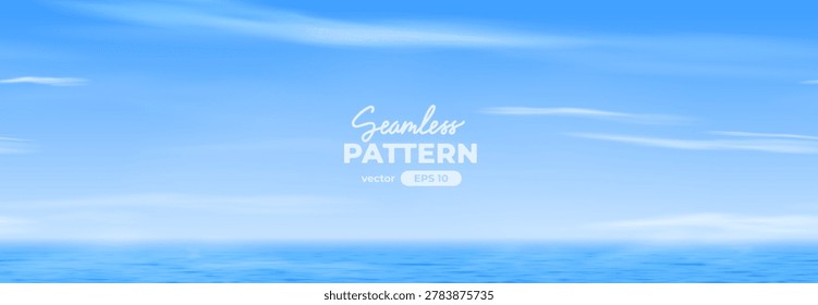 Sea landscape with sky and clouds. Ocean scenery with natural horizon. Vector illustration for travel, nature and marine concepts.