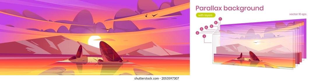 Sea landscape with small island in water and mountains at sunset. Vector parallax background for 2d game animation with cartoon illustration of lake, rocks, sun and clouds in pink sky