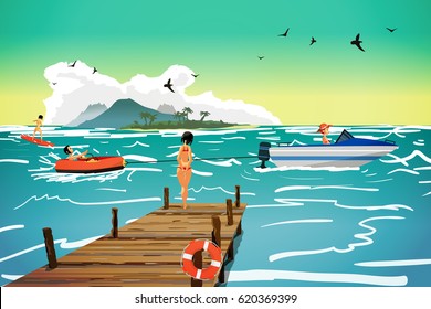 Sea Landscape Summer Beach. Motor Boat Pulls A Banana In Tow. The Girl Is Standing On A Wooden Pier. Vector Flat Cartoon Illustration. 